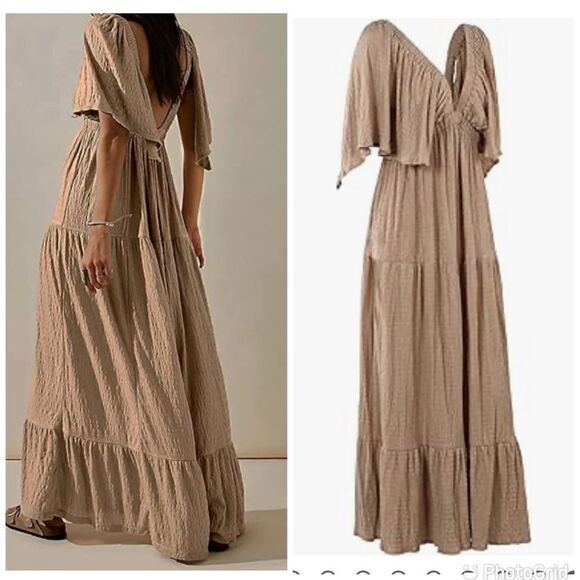 V-Neck  Tiered Silhouette with Flutter Sleeves Maxi Dress - Picture 1 of 16
